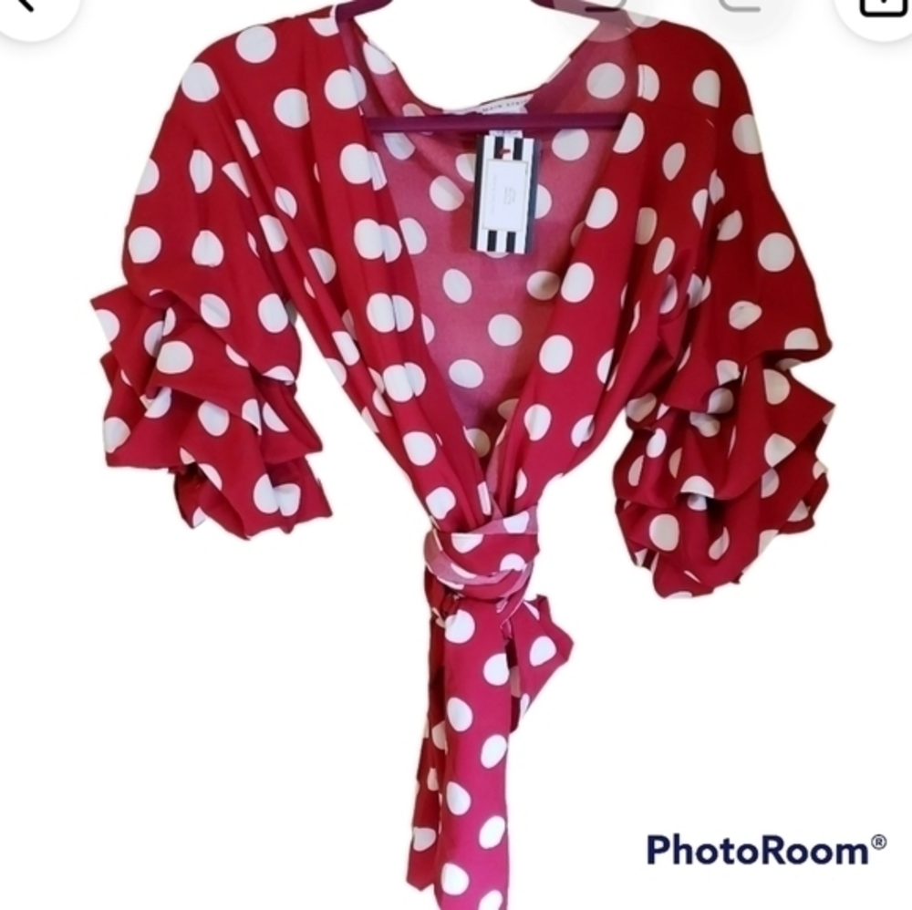NWT MAIN STRIP RED‎ WHITE POLKA DOT WRAP RUFFLE SLEEVE TOP Size Large